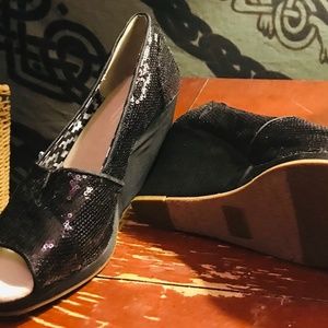 TOMS-Black Sequined Open-Toed Wedges